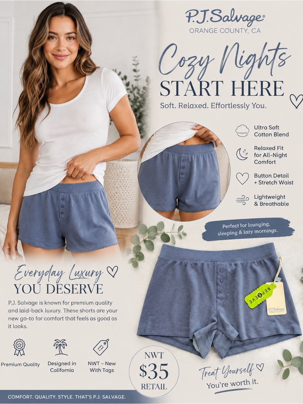 P.J. Salvage Blue Button-Front Lounge Shorts size small